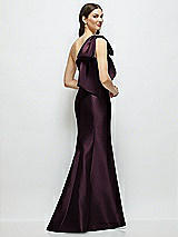Rear View Thumbnail - Deep Plum Bow One-Shoulder Satin Maxi Dress with Trumpet Skirt