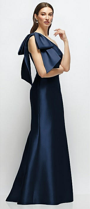 Bow One-Shoulder Satin Maxi Dress with Trumpet Skirt