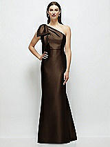 Side View Thumbnail - Espresso Bow One-Shoulder Satin Maxi Dress with Trumpet Skirt