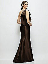 Rear View Thumbnail - Espresso Bow One-Shoulder Satin Maxi Dress with Trumpet Skirt