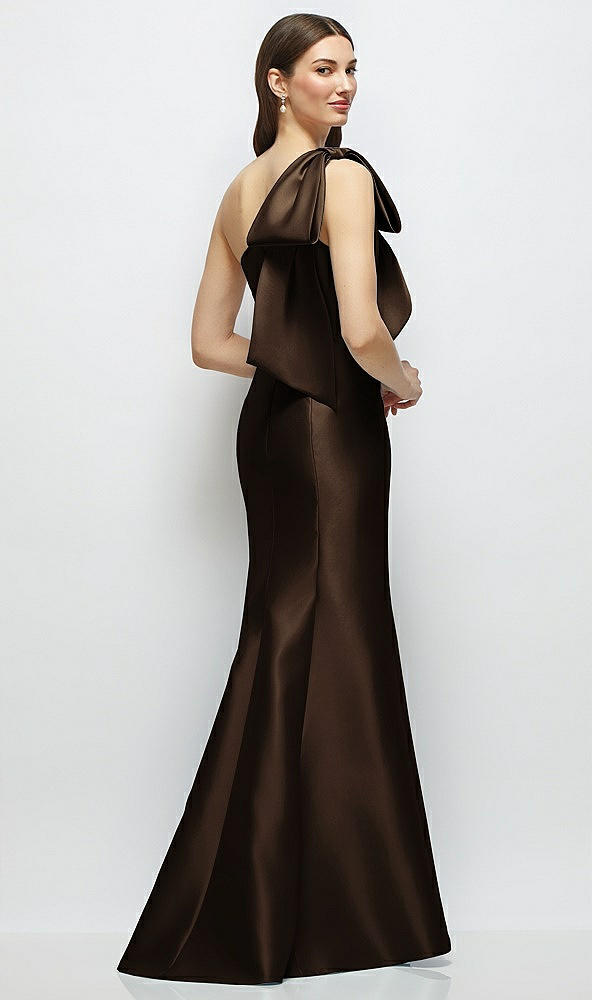 Back View - Espresso Bow One-Shoulder Satin Maxi Dress with Trumpet Skirt