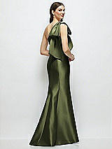 Rear View Thumbnail - Olive Green Bow One-Shoulder Satin Maxi Dress with Trumpet Skirt