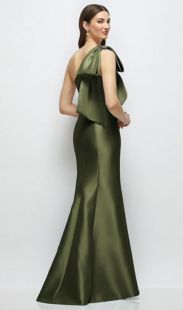 Back View - Olive Green Bow One-Shoulder Satin Maxi Dress with Trumpet Skirt