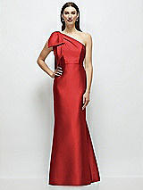 Side View Thumbnail - Poppy Red Bow One-Shoulder Satin Maxi Dress with Trumpet Skirt