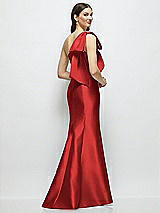 Rear View Thumbnail - Poppy Red Bow One-Shoulder Satin Maxi Dress with Trumpet Skirt