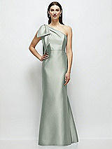 Side View Thumbnail - Willow Green Bow One-Shoulder Satin Maxi Dress with Trumpet Skirt