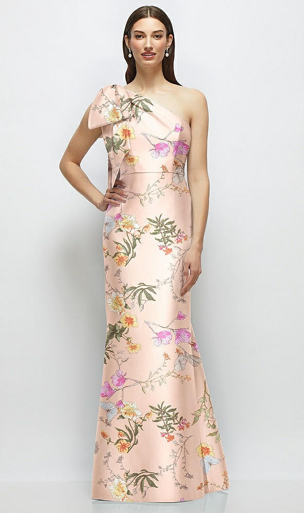 Back View - Butterfly Botanica Pink Sand Bow One-Shoulder Satin Floral Maxi Dress with Trumpet Skirt