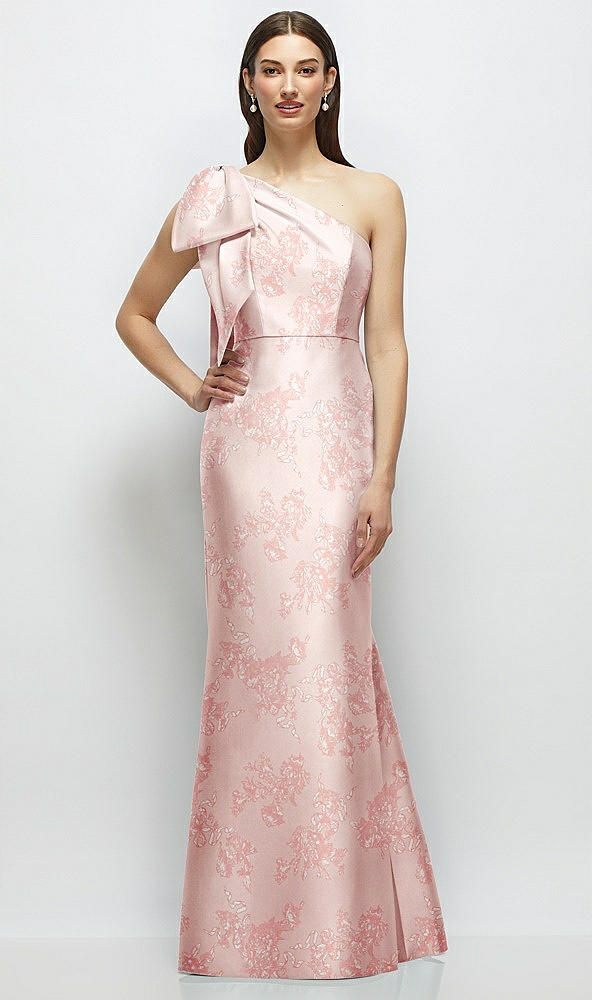 Back View - Bow And Blossom Print Bow One-Shoulder Satin Floral Maxi Dress with Trumpet Skirt