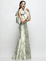 Side View Thumbnail - Sage Cottage Rose Bow One-Shoulder Satin Floral Maxi Dress with Trumpet Skirt