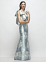 Side View Thumbnail - Porcelain Blue Seraphina Floral Bow One-Shoulder Satin Floral Maxi Dress with Trumpet Skirt
