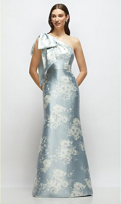 Bow One-shoulder Satin Floral Maxi Bridesmaid Dress With Trumpet Skirt In  Porcelain Blue Seraphina Floral | The Dessy Group