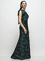 Side View Thumbnail - Evergreen Floral Bow One-Shoulder Oscar Metallic Floral Jacquard Trumpet Maxi Dress