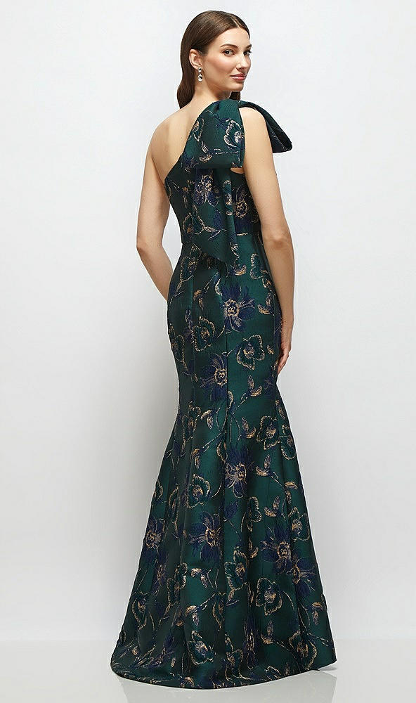 Back View - Evergreen Floral Bow One-Shoulder Oscar Metallic Floral Jacquard Trumpet Maxi Dress