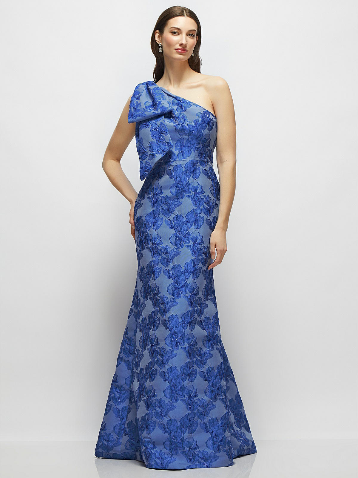 Bow One-shoulder Cobalt Floral Metallic Jacquard Trumpet Maxi