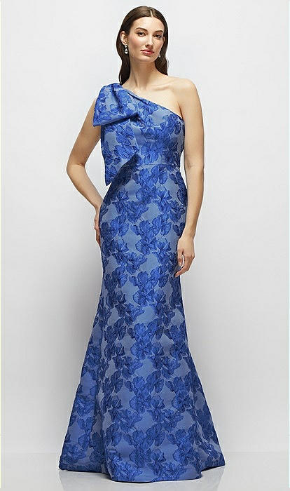 Bow One-shoulder Cobalt Floral Metallic Jacquard Trumpet Maxi Bridesmaid  Dress In Cobalt Jacquard | The Dessy Group