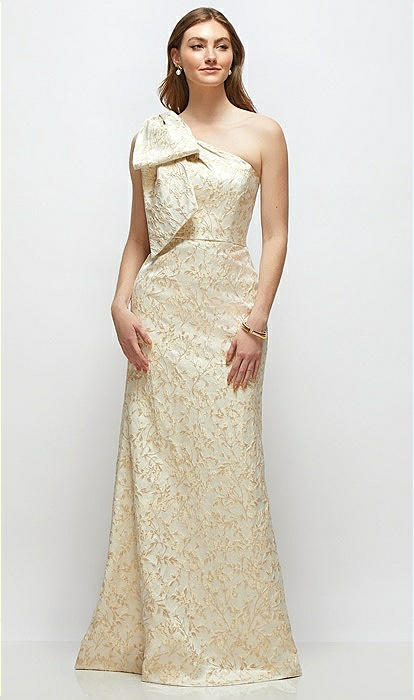 Bow One-shoulder Champagne Brocade Maxi Bridesmaid Dress With