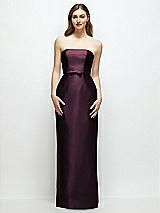 Front View Thumbnail - Deep Plum Strapless Satin Column Dress with Bow-Trimmed Skinny Belt