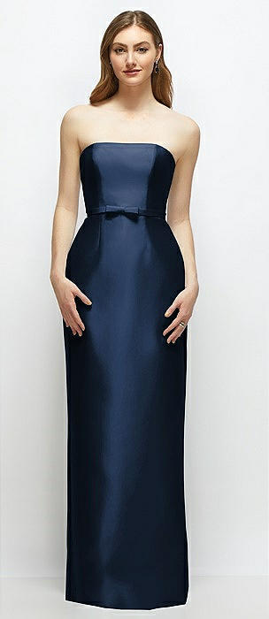 Strapless Satin Column Dress with Bow-Trimmed Skinny Belt