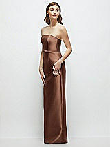 Side View Thumbnail - Cognac Strapless Satin Column Dress with Bow-Trimmed Skinny Belt