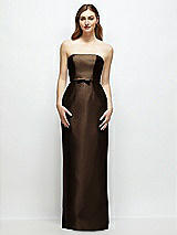 Front View Thumbnail - Espresso Strapless Satin Column Dress with Bow-Trimmed Skinny Belt