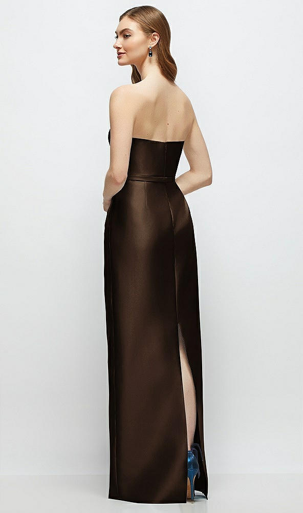 Back View - Espresso Strapless Satin Column Dress with Bow-Trimmed Skinny Belt