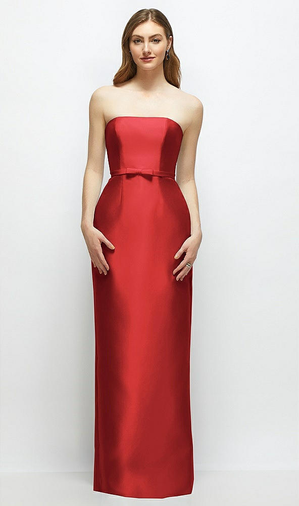 Front View - Poppy Red Strapless Satin Column Dress with Bow-Trimmed Skinny Belt