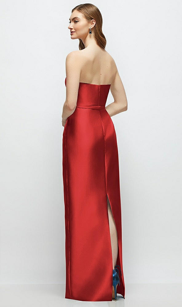 Back View - Poppy Red Strapless Satin Column Dress with Bow-Trimmed Skinny Belt