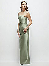 Side View Thumbnail - Sage Strapless Satin Column Dress with Bow-Trimmed Skinny Belt