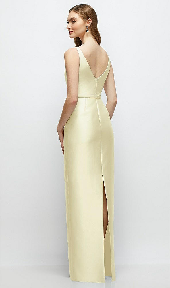 Back View - Butter Yellow Bateau Neck Satin Column Dress with Bow-Trimmed Skinny Belt