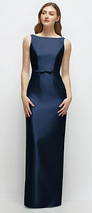 Bateau Neck Satin Column Dress with Bow-Trimmed Skinny Belt