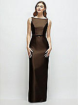 Front View Thumbnail - Espresso Bateau Neck Satin Column Dress with Bow-Trimmed Skinny Belt