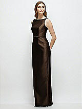 Side View Thumbnail - Espresso Bateau Neck Satin Column Dress with Bow-Trimmed Skinny Belt
