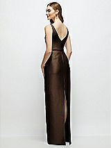 Rear View Thumbnail - Espresso Bateau Neck Satin Column Dress with Bow-Trimmed Skinny Belt