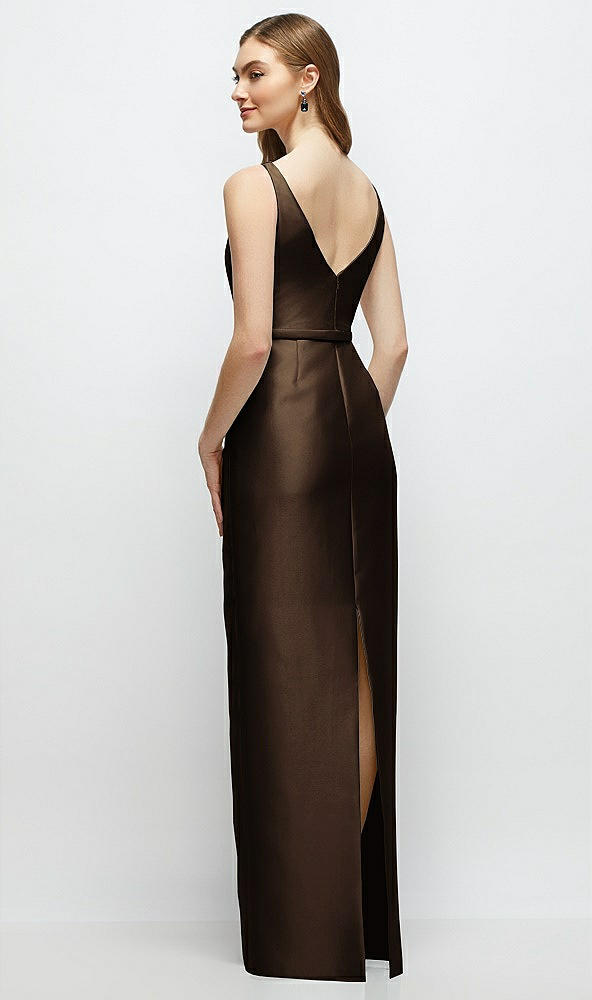 Back View - Espresso Bateau Neck Satin Column Dress with Bow-Trimmed Skinny Belt