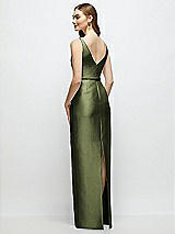 Rear View Thumbnail - Olive Green Bateau Neck Satin Column Dress with Bow-Trimmed Skinny Belt