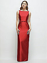 Front View Thumbnail - Poppy Red Bateau Neck Satin Column Dress with Bow-Trimmed Skinny Belt