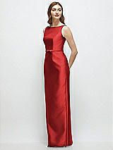 Side View Thumbnail - Poppy Red Bateau Neck Satin Column Dress with Bow-Trimmed Skinny Belt
