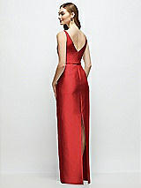 Rear View Thumbnail - Poppy Red Bateau Neck Satin Column Dress with Bow-Trimmed Skinny Belt