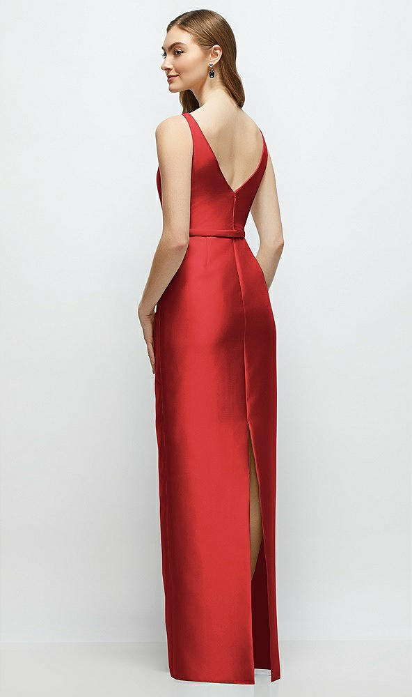 Back View - Poppy Red Bateau Neck Satin Column Dress with Bow-Trimmed Skinny Belt
