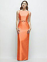 Front View Thumbnail - Portofino Orange Bateau Neck Satin Column Dress with Bow-Trimmed Skinny Belt