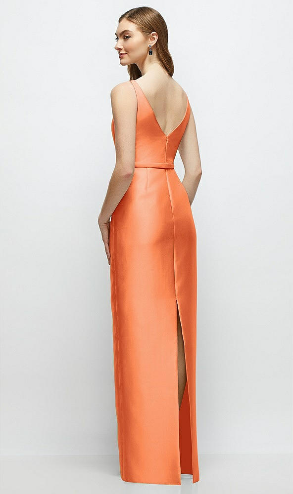 Back View - Portofino Orange Bateau Neck Satin Column Dress with Bow-Trimmed Skinny Belt