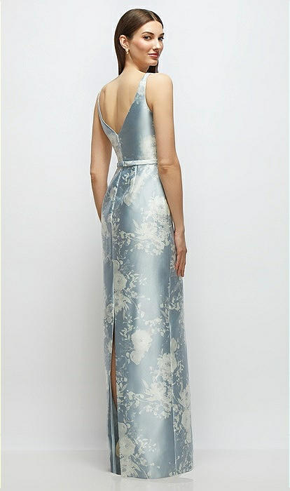 Floral Bateau Neck Satin Column Bridesmaid Dress With Bow-trimmed Skinny  Belt In Porcelain Blue Seraphina Floral