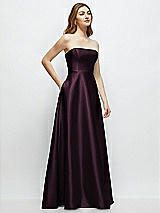 Side View Thumbnail - Deep Plum Strapless Satin Gown with Full Skirt and Covered Buttons at Back