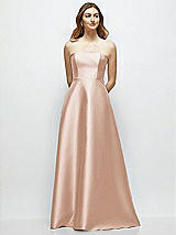 Front View Thumbnail - Cameo Strapless Satin Gown with Full Skirt and Covered Buttons at Back