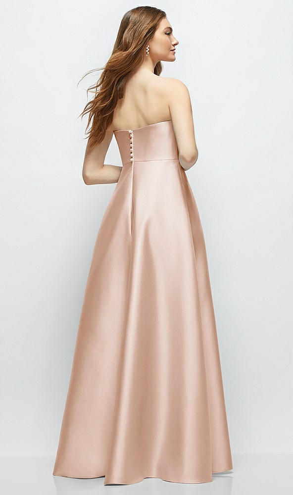 Back View - Cameo Strapless Satin Gown with Full Skirt and Covered Buttons at Back