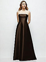 Front View Thumbnail - Espresso Strapless Satin Gown with Full Skirt and Covered Buttons at Back