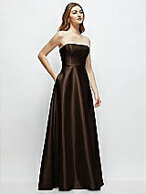 Side View Thumbnail - Espresso Strapless Satin Gown with Full Skirt and Covered Buttons at Back