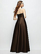 Rear View Thumbnail - Espresso Strapless Satin Gown with Full Skirt and Covered Buttons at Back