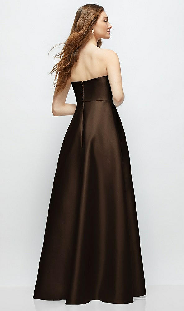 Back View - Espresso Strapless Satin Gown with Full Skirt and Covered Buttons at Back