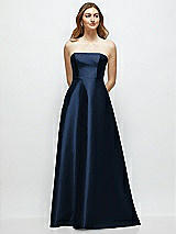 Front View Thumbnail - Midnight Navy Strapless Satin Gown with Full Skirt and Covered Buttons at Back